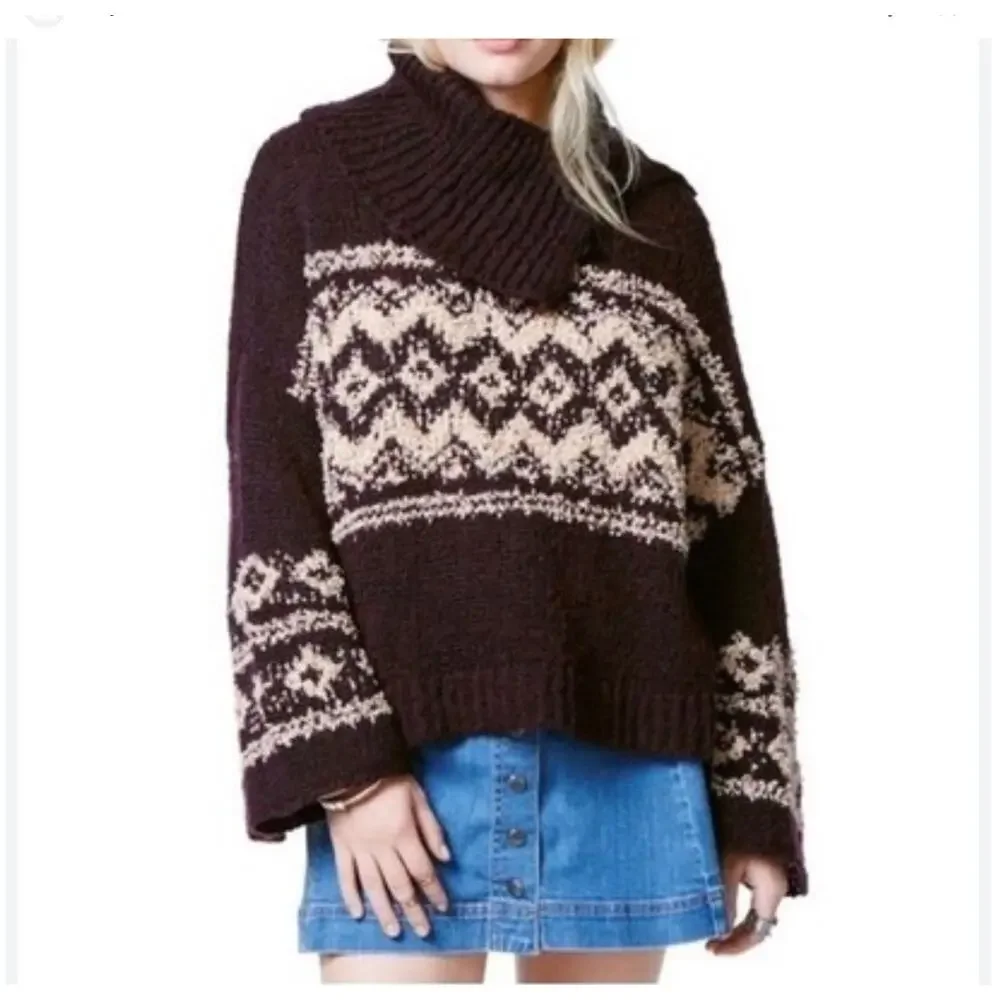 Free People Fair Isle Wool Blend Sweater Burgundy Chunky Knit Oversized Boho S